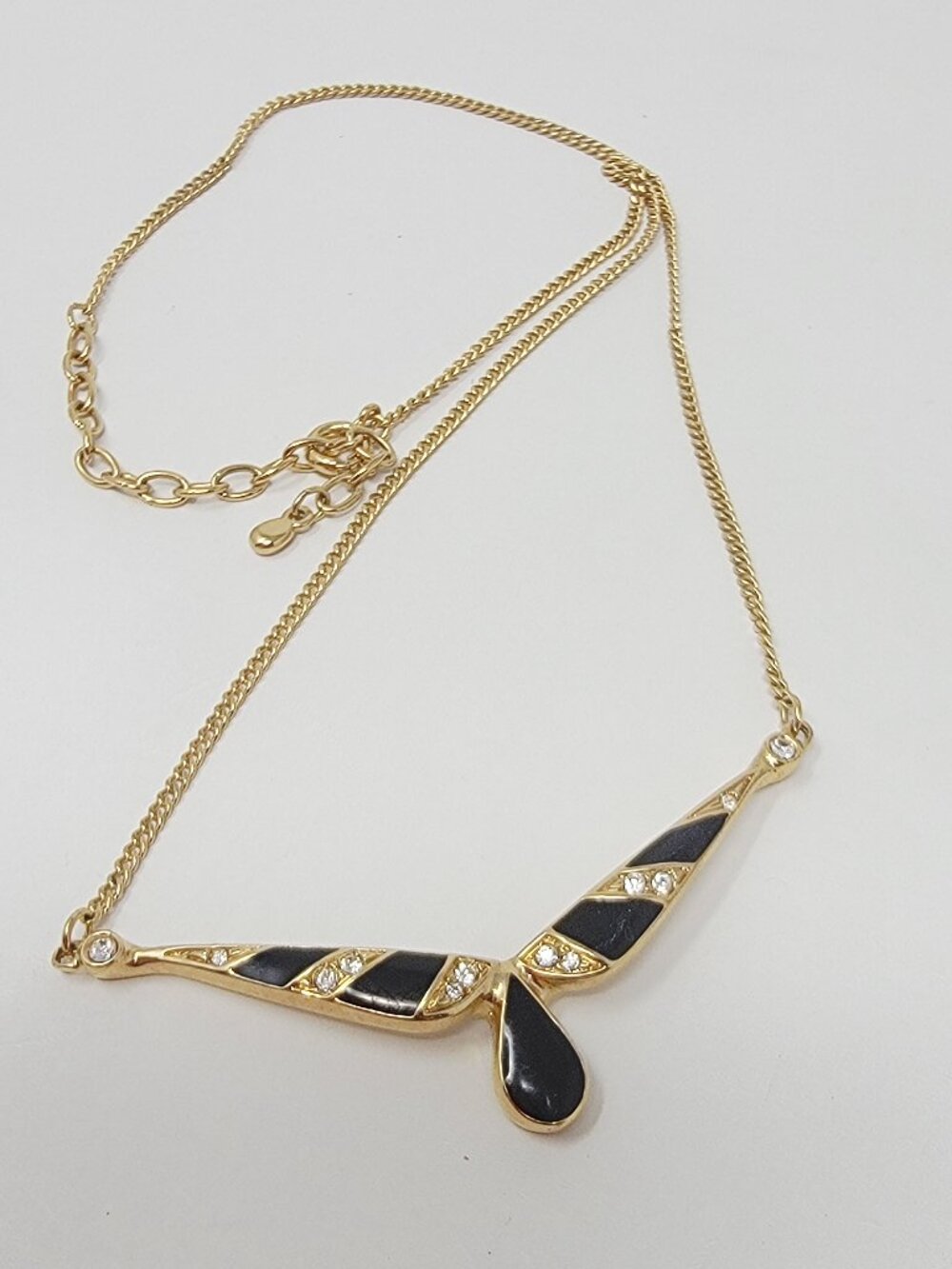 Vintage Black Enamel Rhinestone Gold Tone Statement Necklace